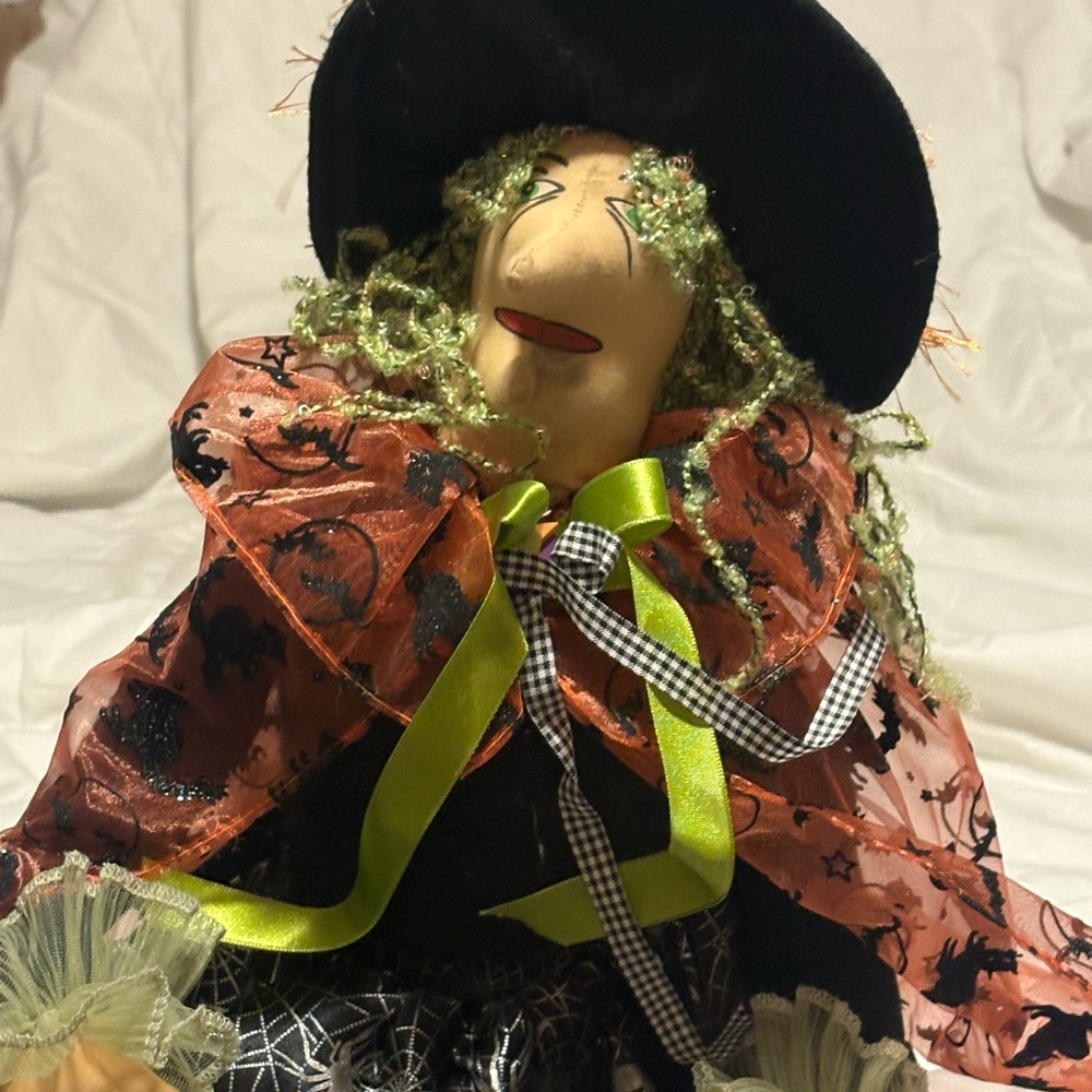Halloween Witch Doll with Black Hat and Orange Cape